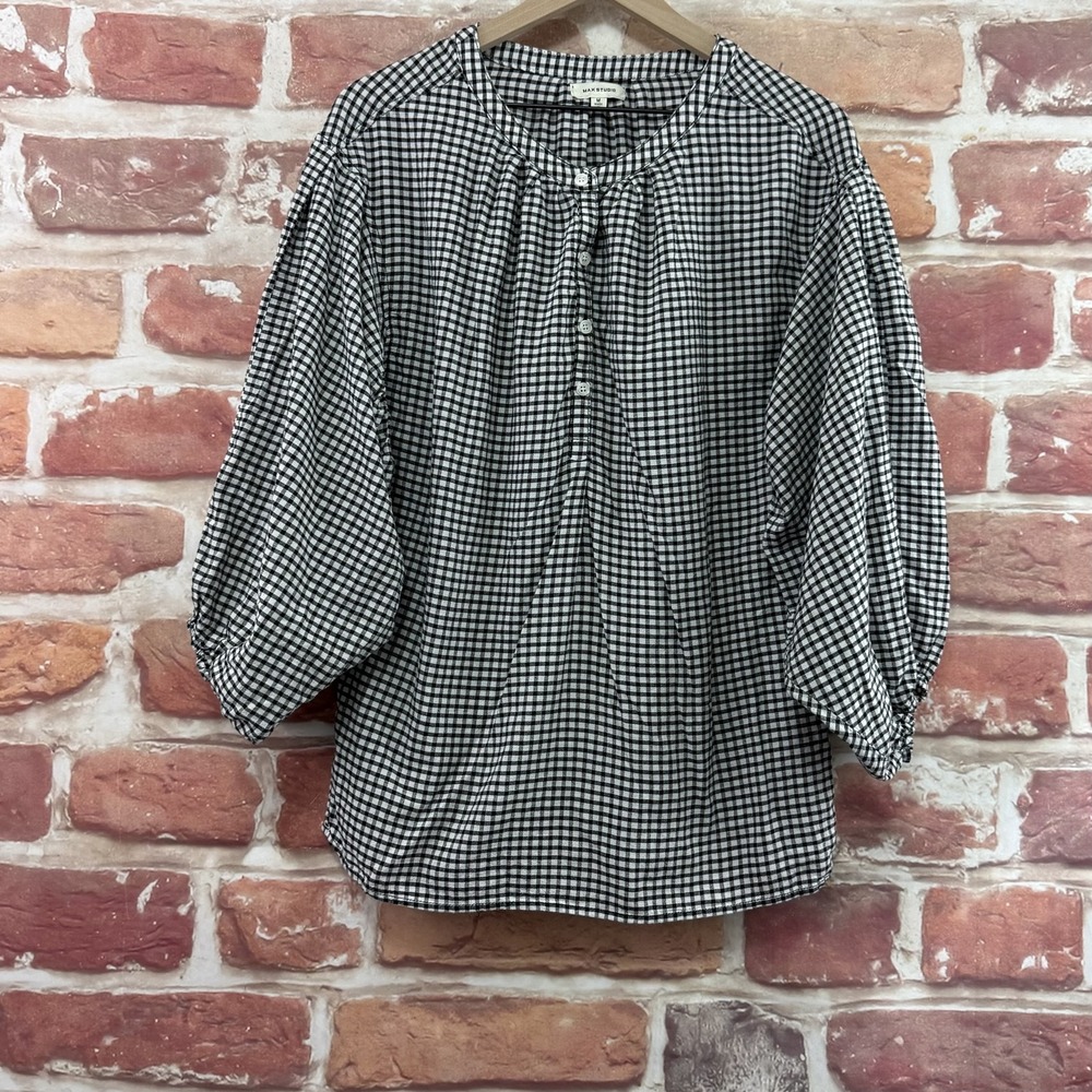 Max Studio Top Women's Medium Black Plaid Casual Peasant Sleeve Popover Shirt